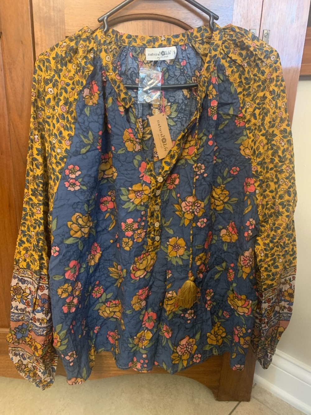 NATURAL LIFE Navy, Mustard & Pink Mixed Floral Peasant Blouse